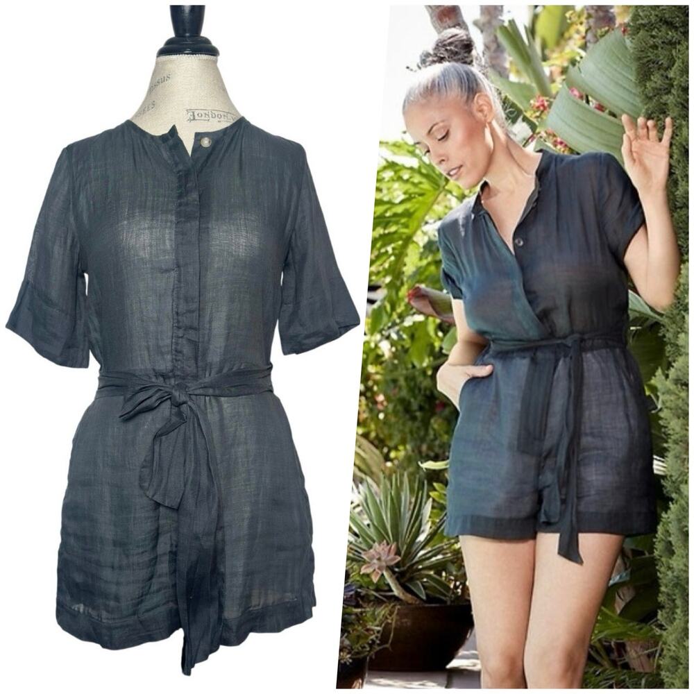 Banana Republic Dark Gray Short-Sleeve Tie-Waist Romper